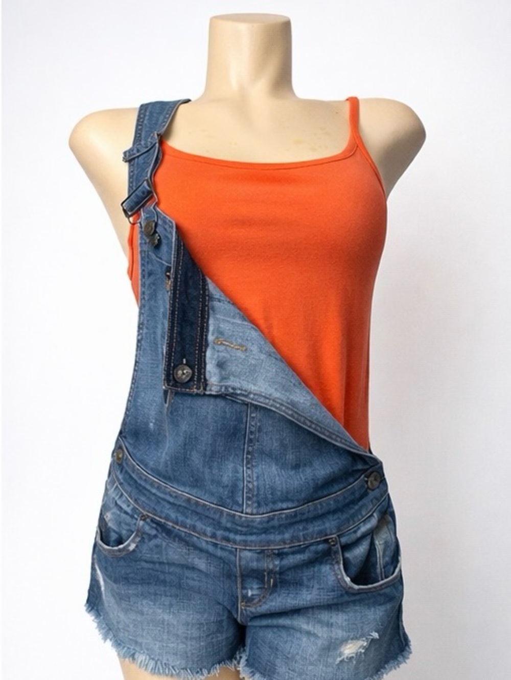 GUESS Blue Denim Short Overalls Small Distressed Y2K Summer Jean Romper - Picture 5 of 6